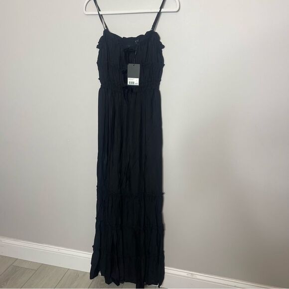 $325 The Kooples Shirred Long Maxi Black Dress with Bows Tiered Skirt NWT - Picture 8 of 15